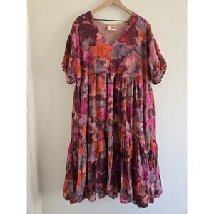 Samant Chauhan Anthropologie Clemencia Tiered Midi Dress Floral XL Boho Pink